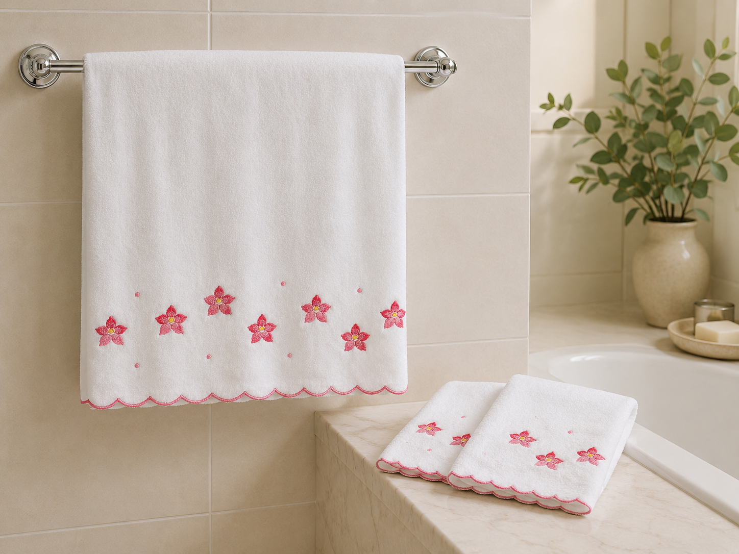 Embroidered Towel Set 3 Pcs with scalloped border